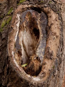 Close up of a tree trunk cavity attempting to overcome "heart rot" or Hollowing.