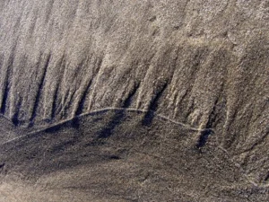 Course textured granules, potentially left by low tide, exposes an interesting pattern in the sand.