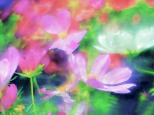Brightly blooming florals shine in the dark of a colorful dreamscape.