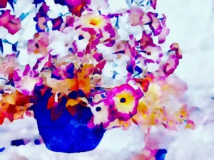Impressions of a vibrant floral arrangement within a rich blue vase.