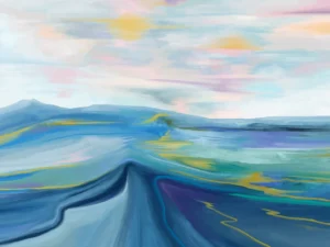 Flowing blues and golds sweep across a vast horizon beneath pastel skies.