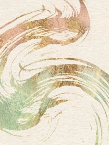Soft golden and pastel brushstrokes sweep gracefully, creating tranquil rhythm and balance.
