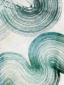 Rich green brushstrokes ripple and pattern, creating movement on a creamy textured backdrop.