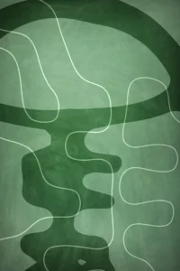 A series of outlines in shades of green and white overlap in whimsical abstraction.