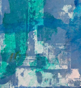 Layers of blue, teal and white leave abrasive imprints in a collage of vibrant shapes.