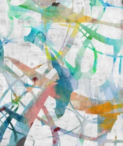 Ribbons of color swirl on a textured white background, like a mythical wyrm in flight.
