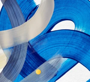 Swirling bands of azure and white surround a golden pearl.