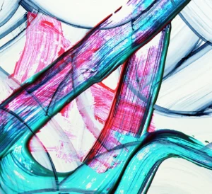 Streams of pink and teal meet and overlap in a white void.