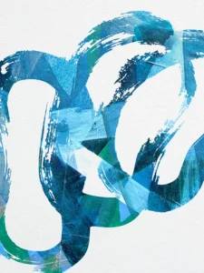 Layers of blues and greens swirl about each other in oblong circular chains.