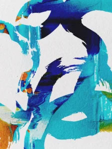 Splashes of blues, contrasted with orange, leave trails of color that invoke movement and underwater wildlife.