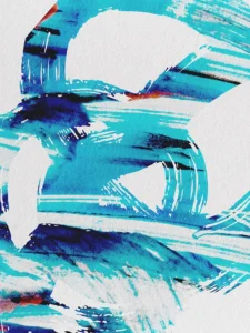 Vibrant blue brush strokes sweep across a light background. Dynamic textures and patterns create a sense of movement.