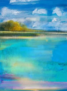 A hazy, romantic vision of blue water lapping at a nearby coast under fluffy scattered clouds.