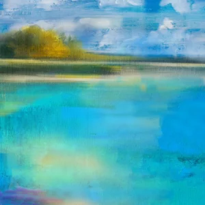 A hazy, romantic vision of blue water lapping at a nearby coast under fluffy scattered clouds.
