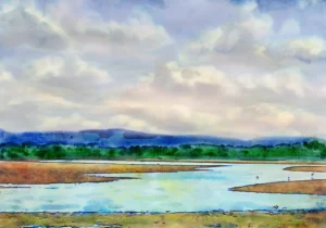 Beneath a smoky, cloudy sky and a backdrop of low shadowed mountains, sits a shallow but vast watering hole.