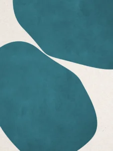 Rich teal amorphous shapes, spaced millimeters apart, inspect one another before a beige background.