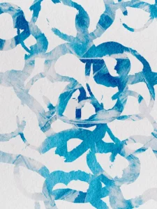Curved streaks of various shades of blue break up a white background in fluid motion.